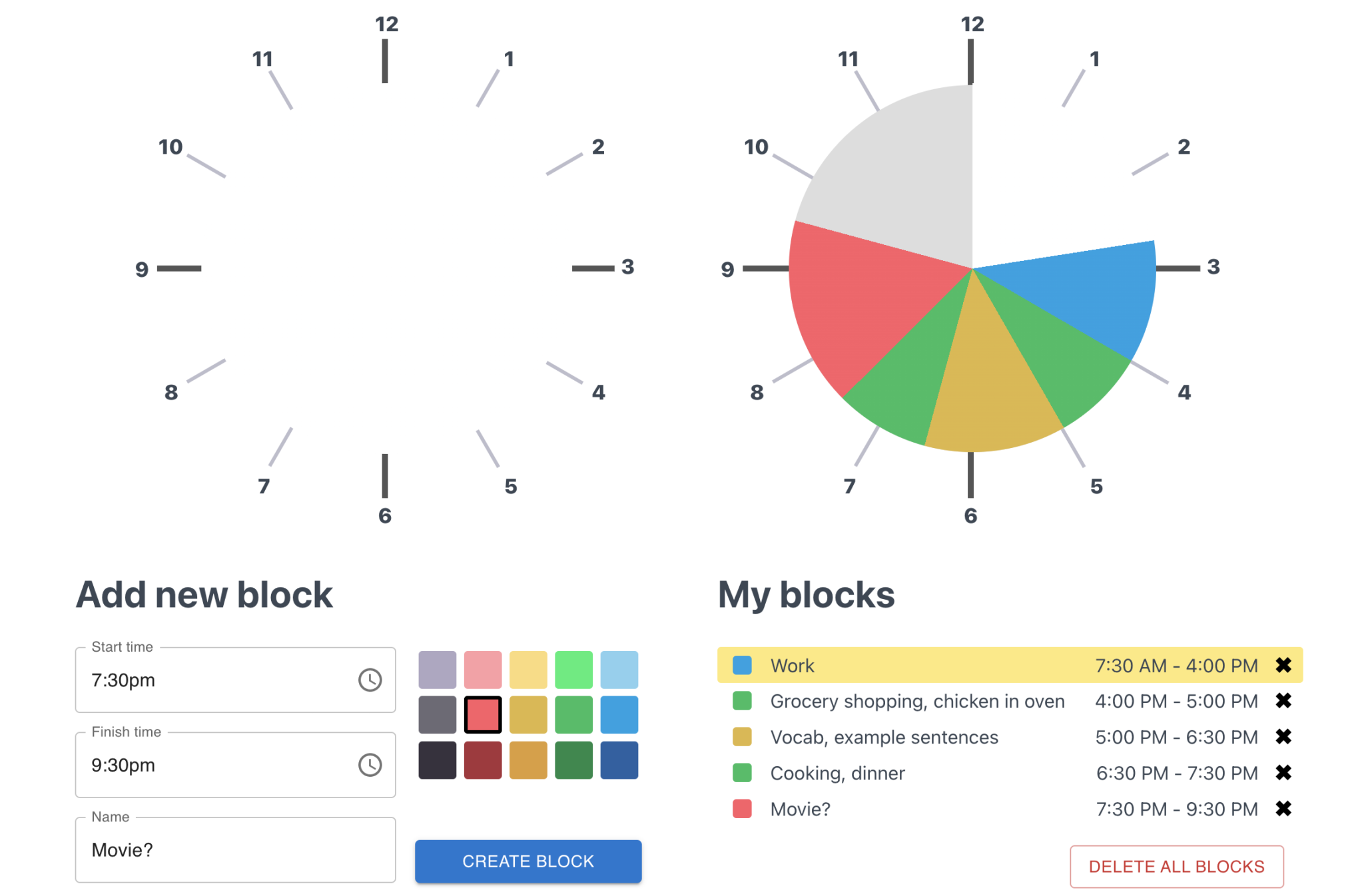 A screenshot of the clockblocker webapp