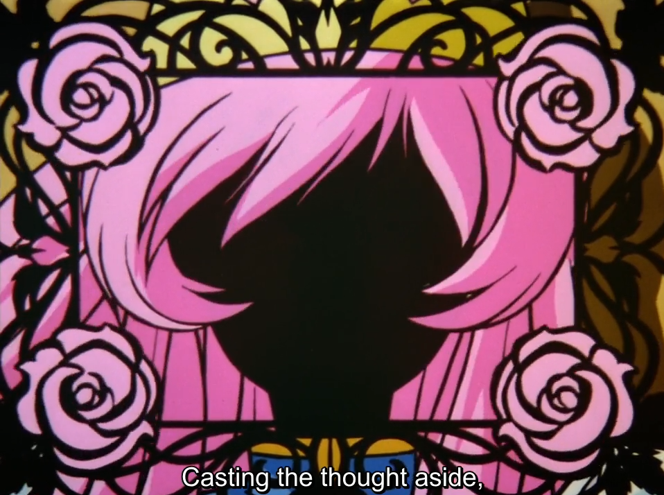 A frame from the fairy tale opening of Revolutionary Girl Utena: a faceless silhouette with long pink hair inside an ornate black wrought-iron frame with a pink rose in each corner. The subtitle reads "Casting the thought aside,"