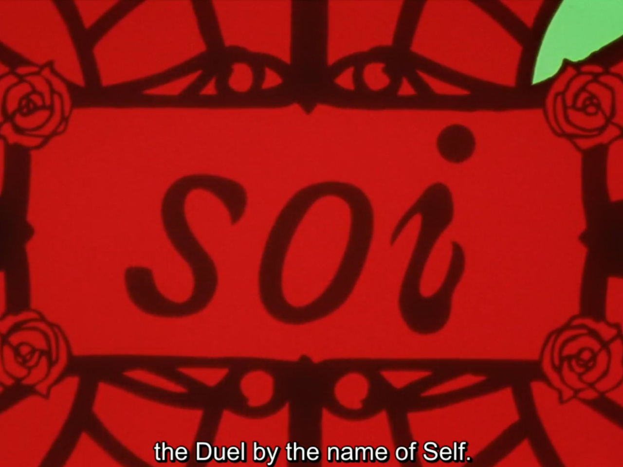 A red title card framed by dark wrought-iron scrollwork with a rose in each corner, bearing the French word "soi" in large italic letters. The subtitle reads "the Duel by the name of Self."