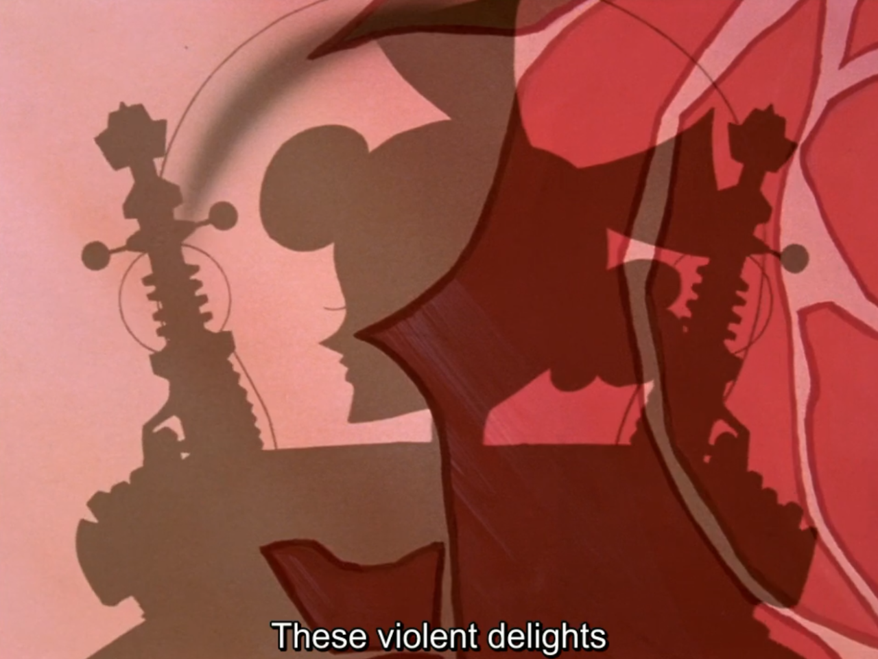 A shadow play silhouette of a girl with a bun facing an ornate mechanical contraption, overlaid on a painted red rose. The subtitle reads “These violent delights”