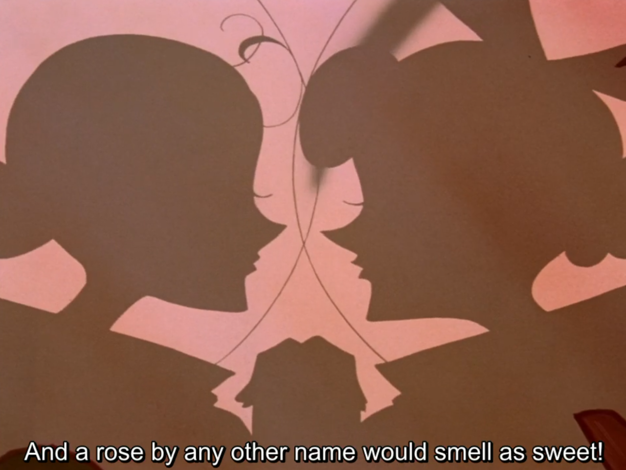 Two shadow play girl silhouettes face each other almost nose to nose against a pink background. The subtitle reads “And a rose by any other name would smell as sweet!”