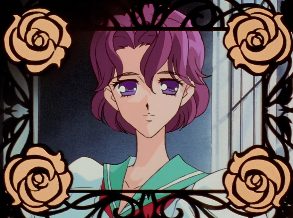 Shiori, a girl with short purple hair in a sailor uniform, smiles faintly inside an ornate black wrought-iron frame with a peach-coloured rose in each corner.
