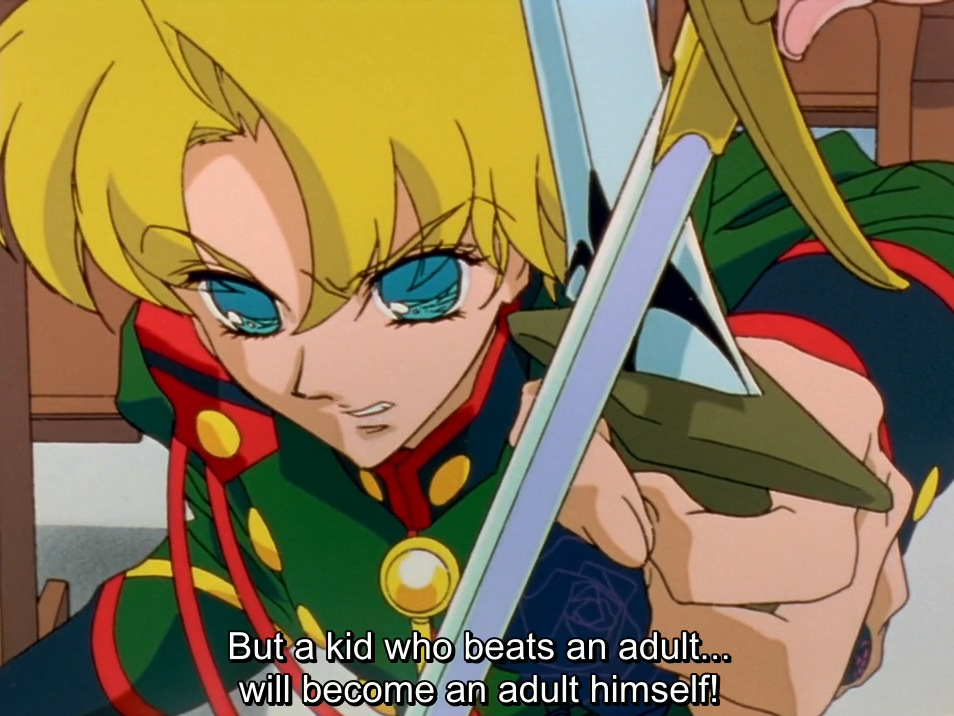 Mitsuru, in a green duelling uniform with red trim, grits his teeth and grips a sword up close. The subtitle reads “But a kid who beats an adult… will become an adult himself!”
