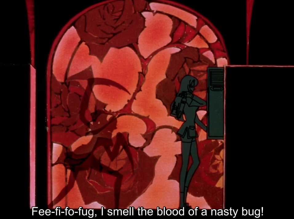 A shadow play scene: the dark silhouette of a schoolgirl at a locker, with the looming shadow of a praying mantis, set against a red stained-glass arch of roses and thorns. The subtitle reads “Fee-fi-fo-fug, I smell the blood of a nasty bug!”