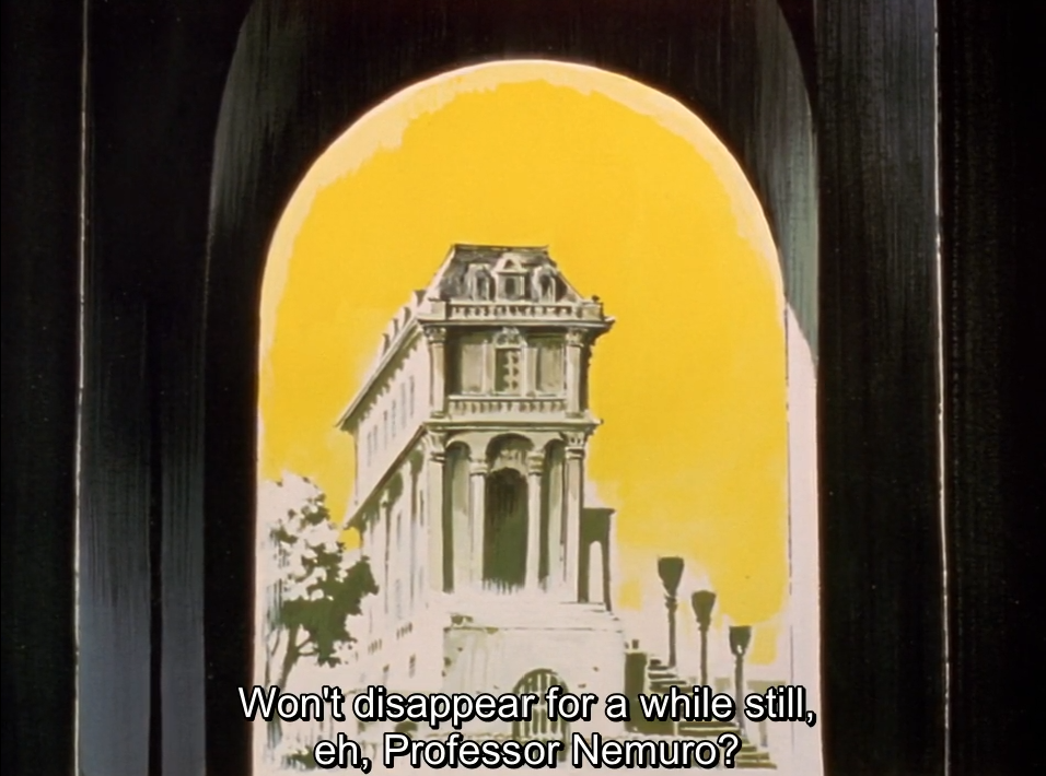 A painted view through a dark arched doorway of a tall, ornate stone building against a yellow sky. The subtitle reads “Won’t disappear for a while still, eh, Professor Nemuro?”