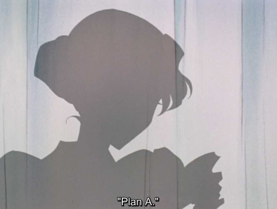 A grey silhouette of a girl with short hair, cast on a pale curtain. The subtitle reads “\“Plan A.\”“