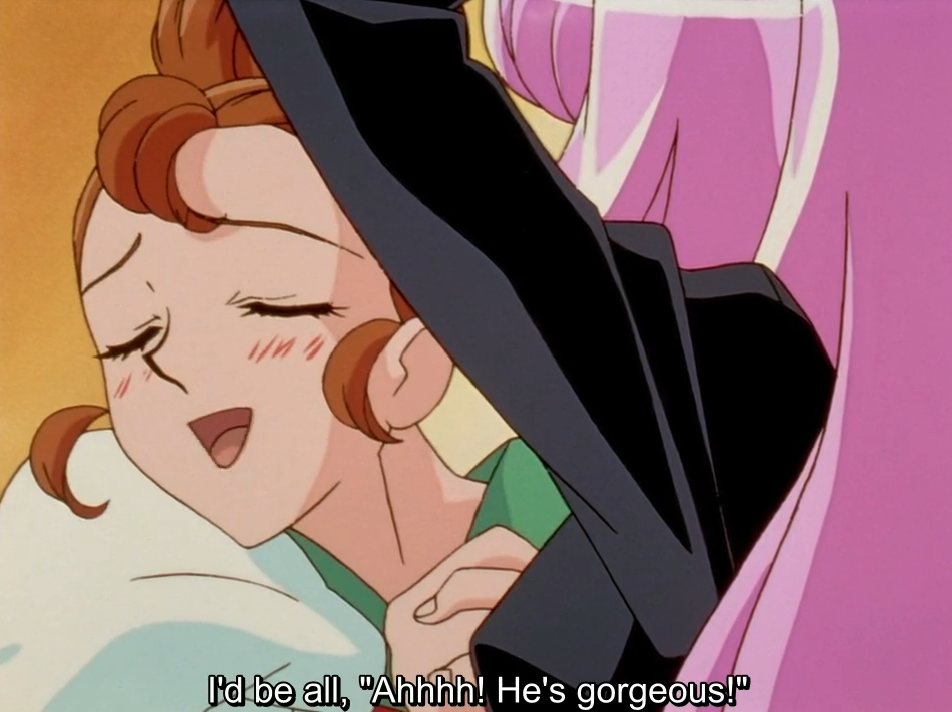 Wakaba, eyes closed and blushing, happily snuggles against Utena’s shoulder. The subtitle reads “I’d be all, \“Ahhhh! He’s gorgeous!\”“