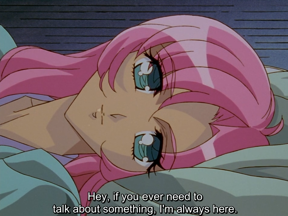 Utena lies in bed on their side, looking straight ahead with wide blue-green eyes. The subtitle reads “Hey, if you ever need to talk about something, I’m always here.”