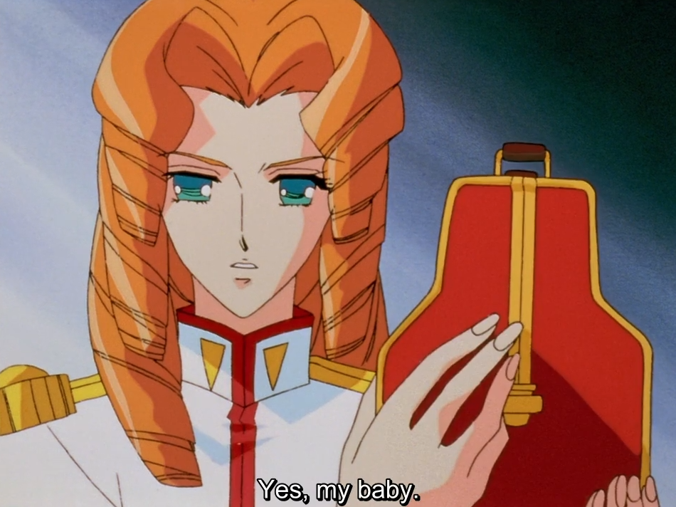 Juri, in her white student council uniform, holds up a red bowling ball bag. The subtitle reads “Yes, my baby.”