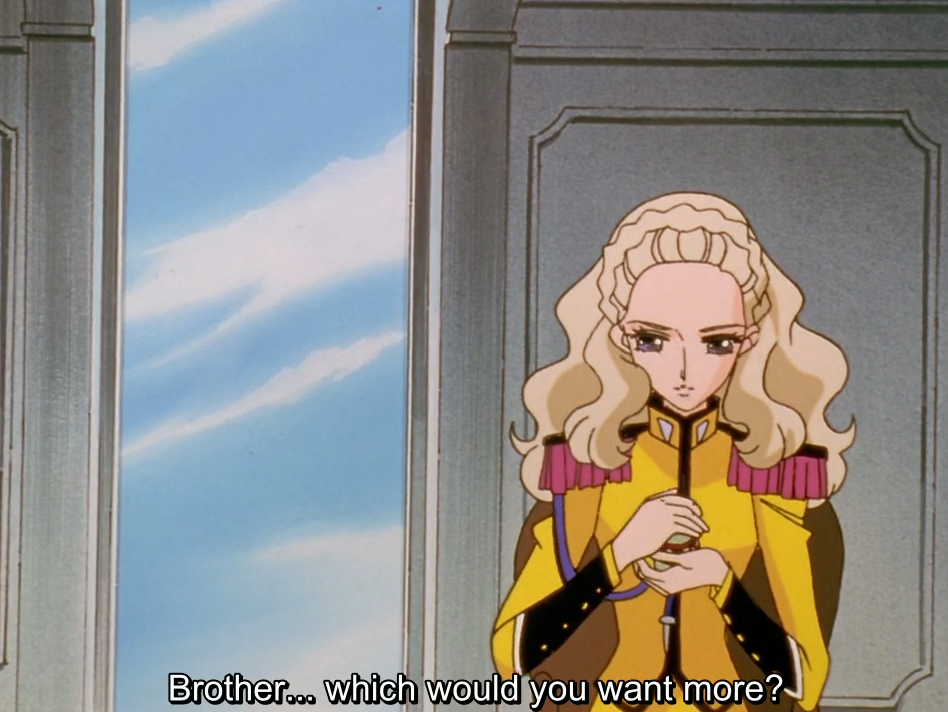 Nanami stands by the window, cradling a small egg in her hands and looking down. The subtitle reads “Brother… which would you want more?”