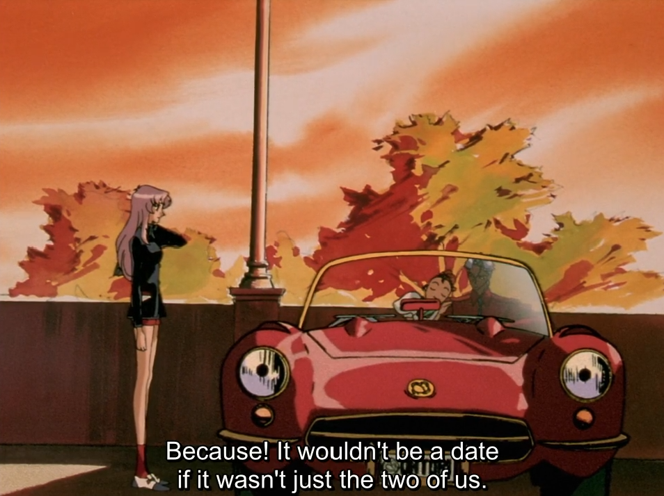 Utena stands beside a red convertible with two people inside, under an orange sunset sky and autumn trees. The subtitle reads "Because! It wouldn't be a date if it wasn't just the two of us."