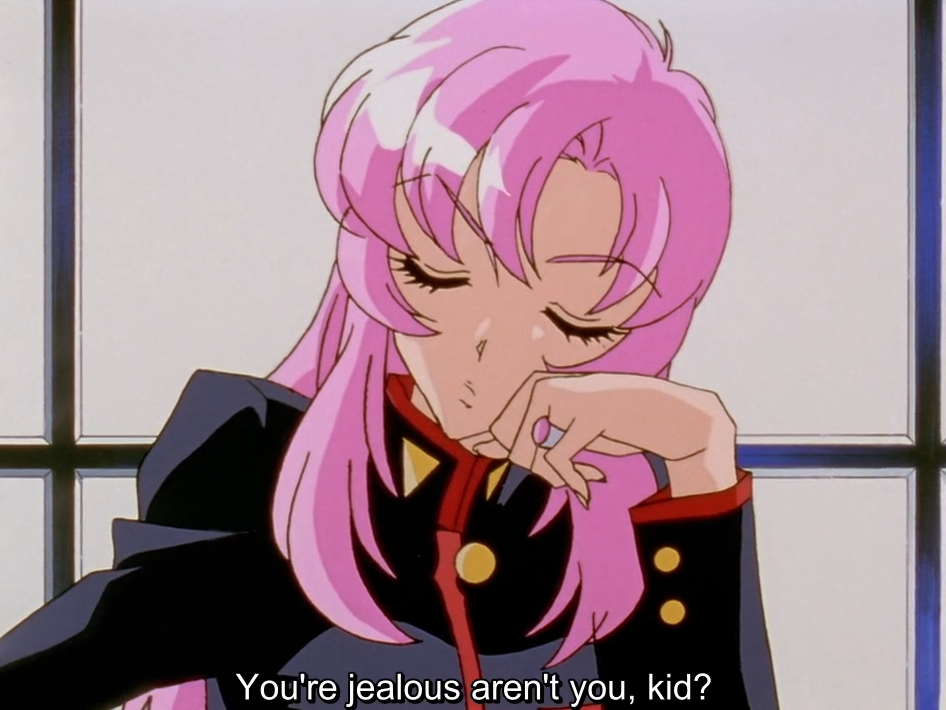 Utena, eyes closed and smiling smugly, rests her chin on her hand in front of a window. The subtitle reads “You’re jealous aren’t you, kid?”