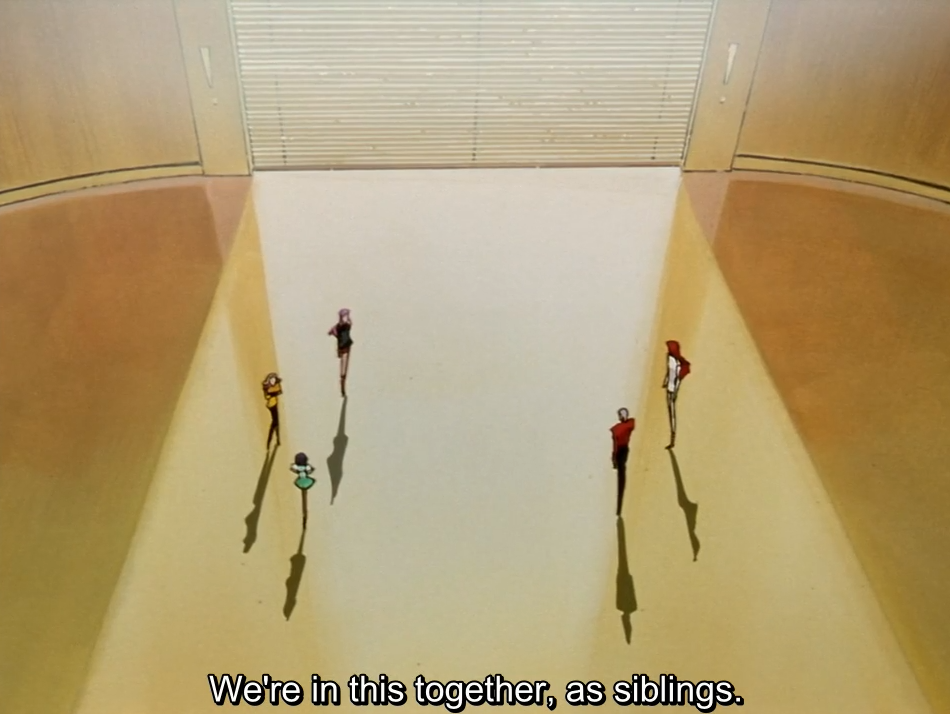 A high-angle shot of a large, empty, sunlit hall with small figures casting long shadows, among them Utena, Touga and Akio. The subtitle reads “We’re in this together, as siblings.”