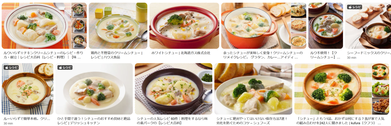 Japanese image search results for シチュー (stew), showing a grid of bowls of creamy white stew with chicken, potatoes, carrots and broccoli. The captions include “ホワイトシチュー | 北海道ガス株式会社” and “鶏肉と冬野菜のクリームシチュー | レシピ | ハウス食品”.