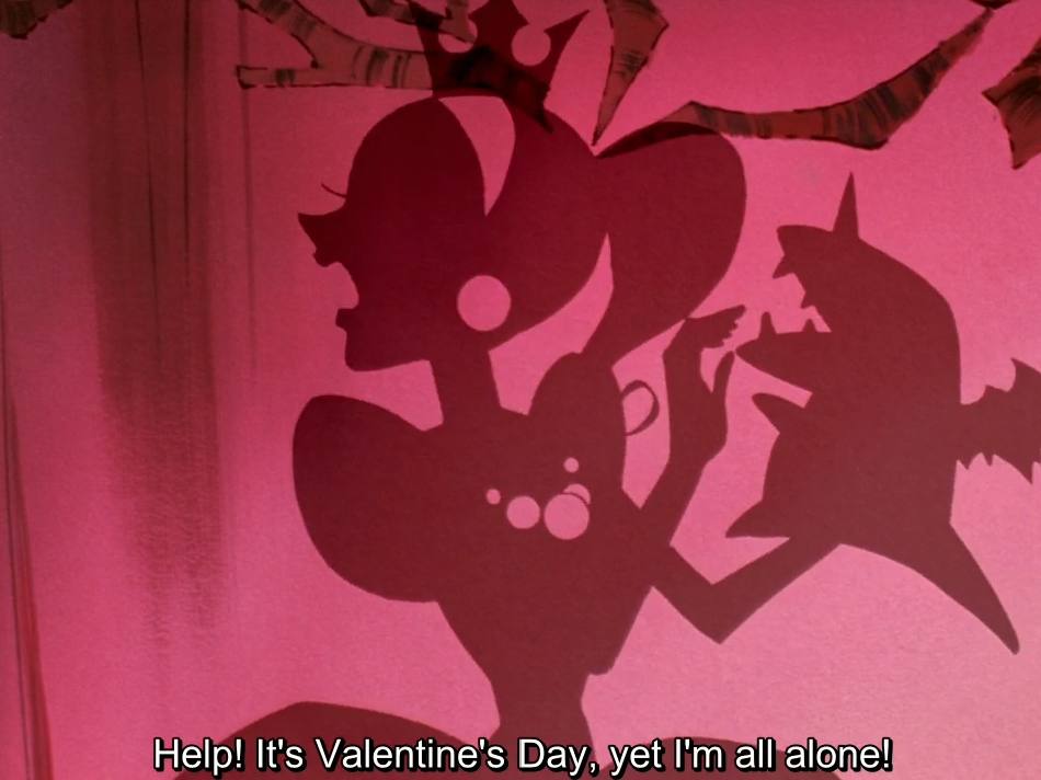A shadow-play silhouette of a princess with a crown and big hair, crying out, beside the shadow of a winged creature, against a pink curtain. The subtitle reads “Help! It’s Valentine’s Day, yet I’m all alone!”