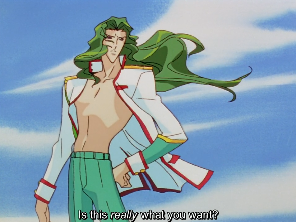 Saionji stands against a blue sky, his long green hair blowing in the wind and his white uniform jacket hanging open over his bare chest. The subtitle reads “Is this really what you want?”, with “really” in italics.