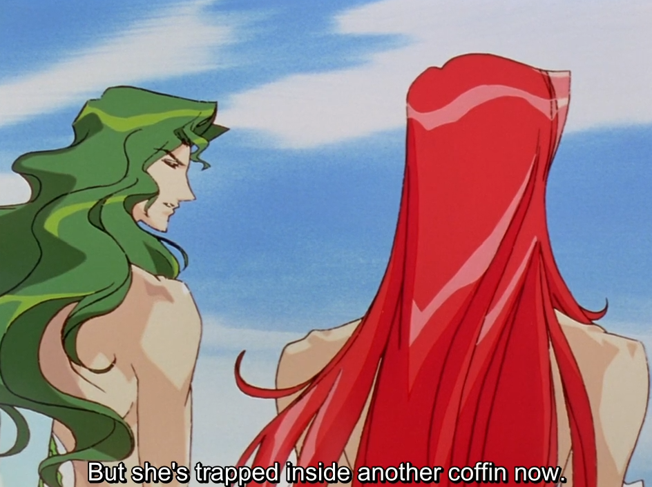 Saionji, shirtless with long green hair, faces Touga, who is seen from behind with his long red hair covering his back, against a blue sky. The subtitle reads “But she’s trapped inside another coffin now.”