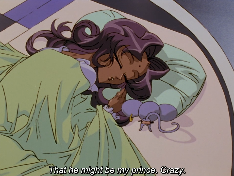 Anthy asleep in bed under a green blanket, with Chu-Chu curled up asleep beside her on the pillow. The subtitle reads “That he might be my prince. Crazy.”