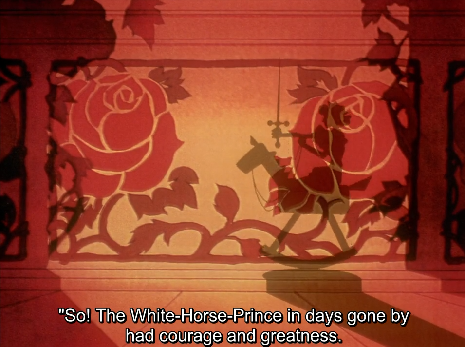 A shadow play in red tones: the silhouette of a prince holding a sword aloft on a rocking horse, in front of a backdrop of large stylised roses and vines. The subtitle reads “\“So! The White-Horse-Prince in days gone by had courage and greatness.”