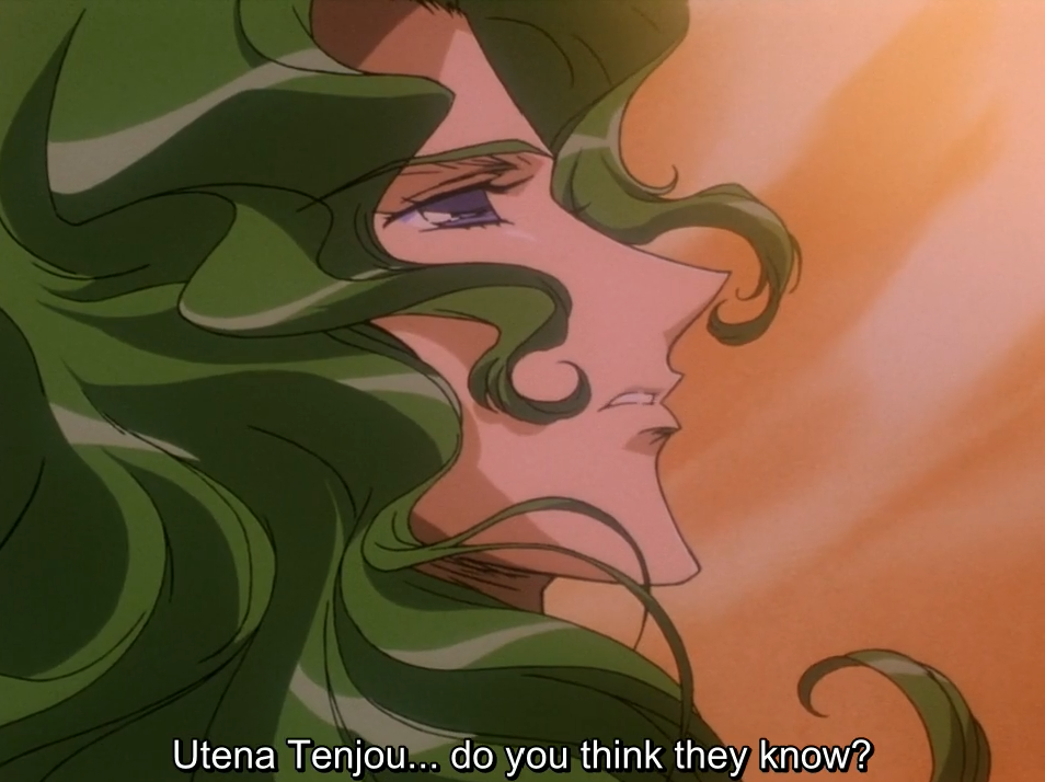 A close-up of Saionji in profile, his long green hair blowing across his face against an orange background. The subtitle reads “Utena Tenjou… do you think they know?”