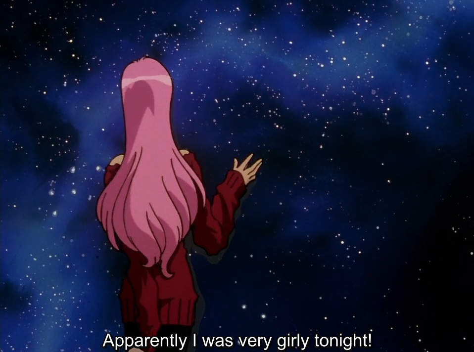 Utena, seen from behind in a red sweater with long pink hair, raises a hand towards a starry night sky. The subtitle reads “Apparently I was very girly tonight!”
