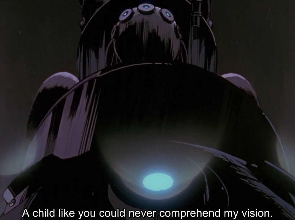 Looking up at a dark, looming planetarium projector with a glowing blue lens. The subtitle reads “A child like you could never comprehend my vision.”