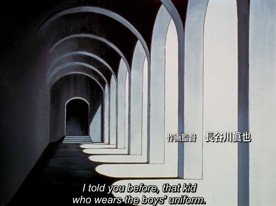 An empty, shadowy corridor of white arches with light falling across the floor, and a doorway at the far end. A Japanese credit reads “作画監督 長谷川眞也” (animation director Shinya Hasegawa), and the italic subtitle reads “I told you before, that kid who wears the boys’ uniform.”