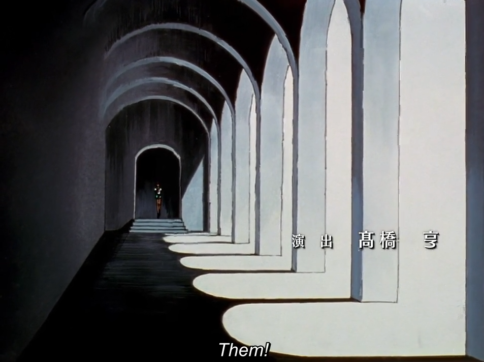 The same arched corridor, now with a small figure standing in the far doorway. A Japanese credit reads “演出 髙橋亨” (episode director Tooru Takahashi), and the italic subtitle reads “Them!”