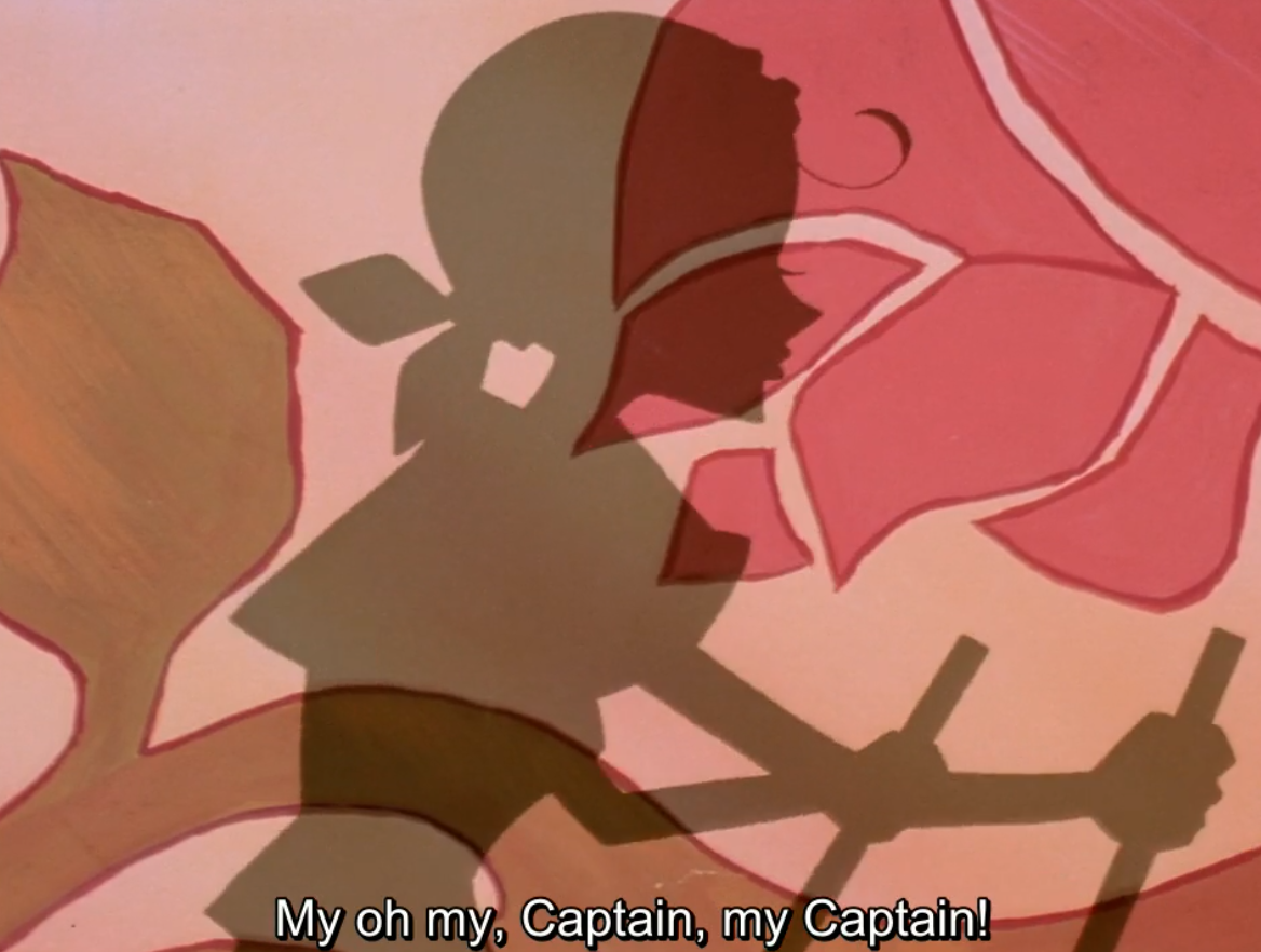 A shadow play girl silhouette in a cap and kerchief, gripping the handles of a ship's wheel in front of a large painted pink rose. The subtitle reads "My oh my, Captain, my Captain!"