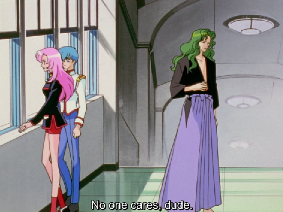 Utena and Miki stand by a school window while Saionji, in a black kendo top and purple hakama, walks past with his eyes closed and a hand on his chest. The subtitle reads "No one cares, dude."