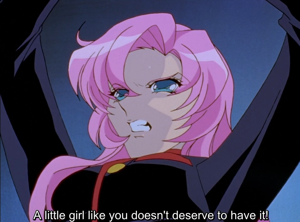 Utena, in her black and red duelling outfit, grits her teeth with tears in her eyes, arms raised overhead. The subtitle reads “A little girl like you doesn’t deserve to have it!”