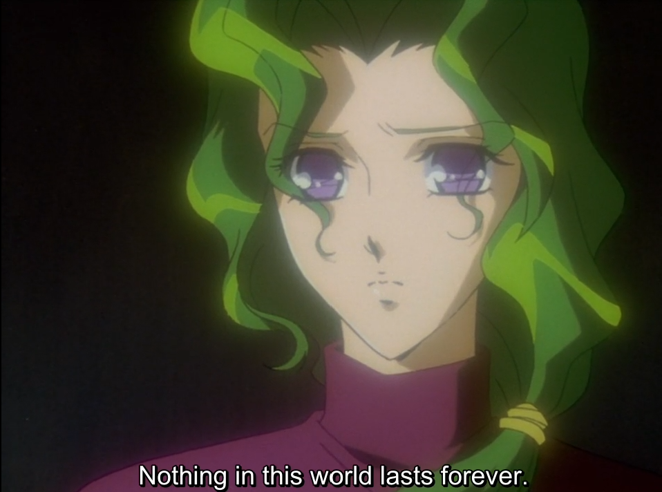 A close-up of a sad-looking woman with wavy green hair, purple eyes and a magenta turtleneck against a dark background. The subtitle reads “Nothing in this world lasts forever.”